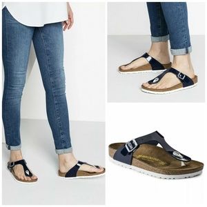Birkenstock Gizeh Birko-Flor Sandals Thongs Blue Patent Flip Flops 41 US10-10.5
